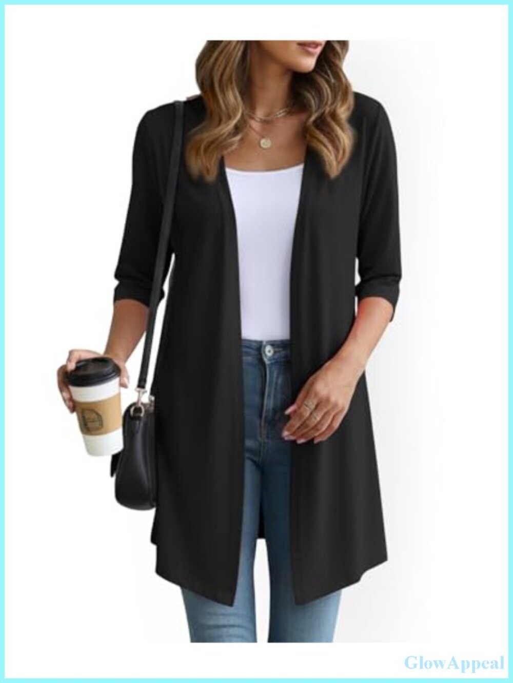 Lightweight 3/4 Sleeve Cardigan Open Front Long Knit
